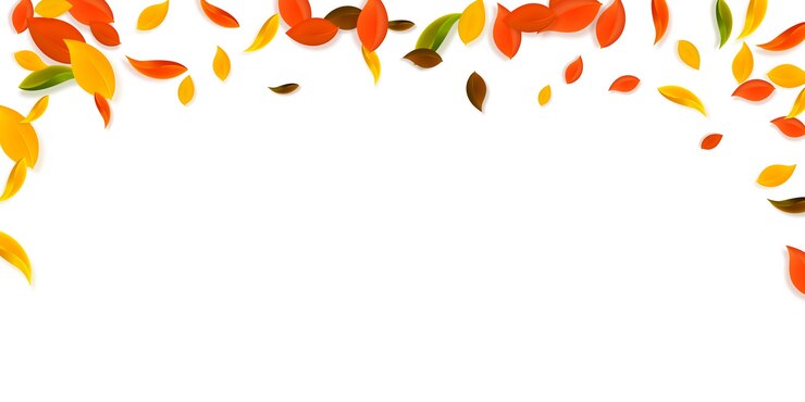Vettore foglie d'autunno che cadono. foglie caotiche rosse, gialle, verdi, marroni volanti. fogliame colorato pioggia che cade su sfondo tramonto meraviglioso. accattivante vendita di ritorno a scuola.