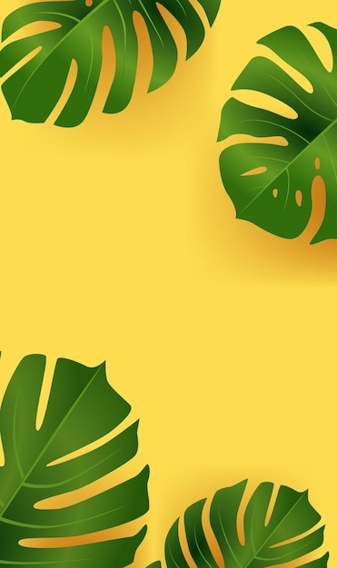 Foglie di monstera verdi su sfondo giallo fogliame tropicale disegno botanico