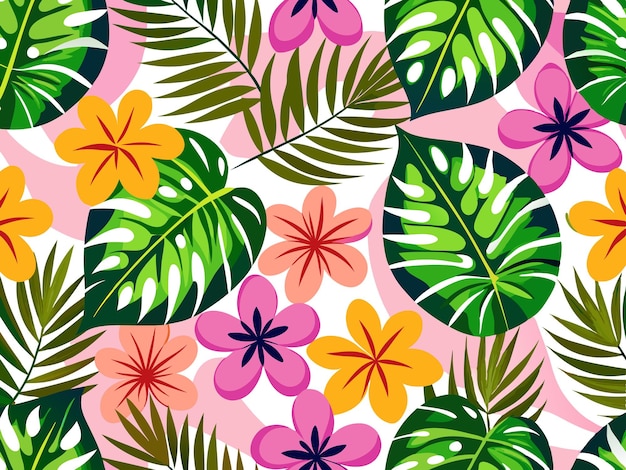 Foglie di palma tropicale e modello floreale senza cuciture Vector Art per la progettazione di tessuti e imballaggi