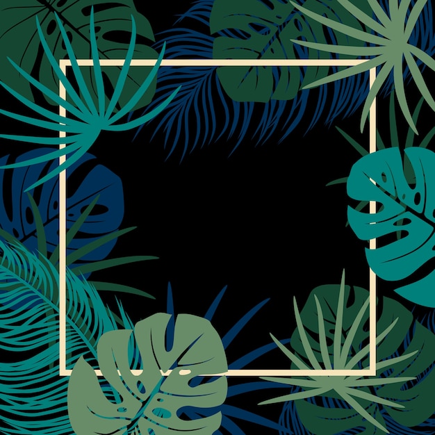 Foglie tropicali su sfondo nero con spazio di copia