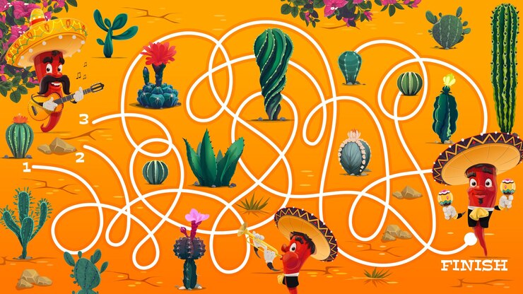 Vettore foglio di lavoro labirinto labirinto cactus mariachi messicano