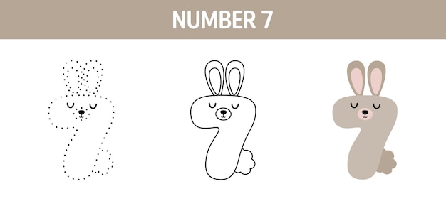 Foglio di lavoro per tracciare e colorare il numero 7 per bambini