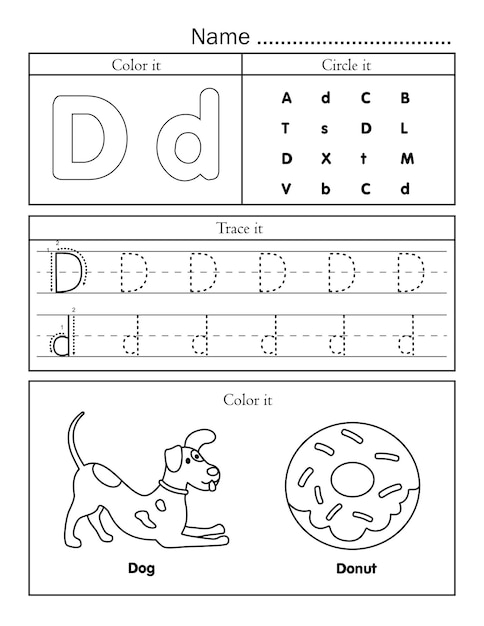 Foglio di lavoro stampabile con linee di tracciatura delle lettere dell'alfabeto inglese con un'immagine carina da colorare