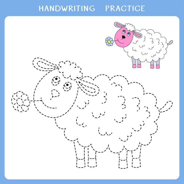 Foglio di pratica della scrittura a mano con simpatiche pecore per bambini