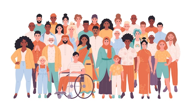 Folla di persone di diverse razze, nazionalità, età, persone con disabilità, multiculturali.