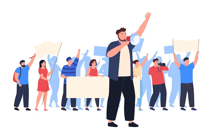 Vettore folla di persone opposte che partecipano a una manifestazione di protesta con bandiere e striscioni uomini e donne prendono parte a una manifestazione politica illustrazione vettoriale