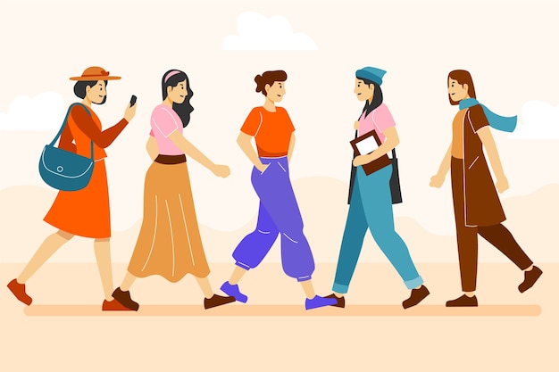 Folla disegnata a mano di design piatto di persone che camminano illustrazione