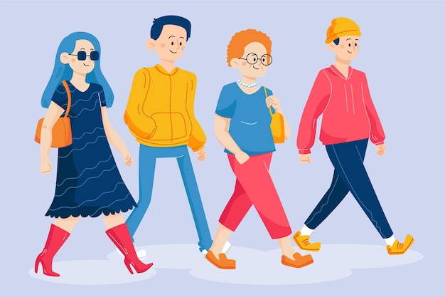 Folla disegnata a mano di design piatto di persone che camminano illustrazione