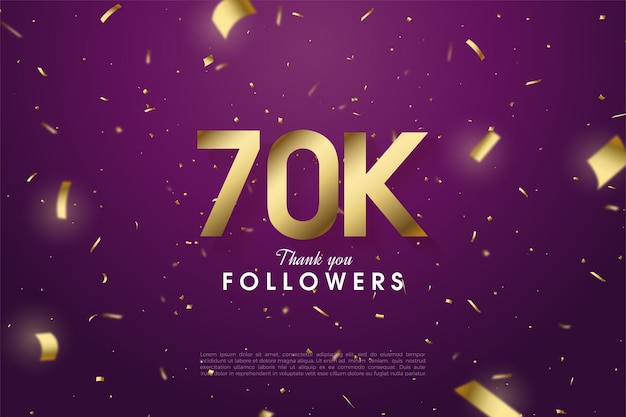 Follower 60k con numeri e illustrazioni in lamina d'oro sparsi su tutto lo sfondo viola scuro.