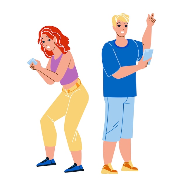 Fomo Vs Jomo Emozioni Umane E Vettore Di Comportamento. Uomo d'affari e donna d'affari Fomo Vs Jomo, espressione positiva e negativa. Personaggi paura o gioia di perdere l'illustrazione piatta del fumetto
