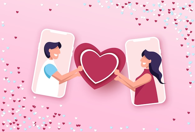 Fondo adorabile di San Valentino felice con l'uomo e la donna. Smartphone di San Valentino