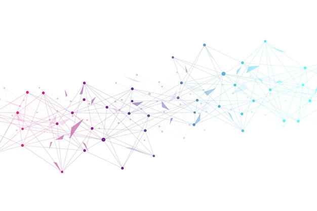 Fondo astratto di tecnologia con linea collegata e punti. Visualizzazione di grandi dati. Visualizzazione sullo sfondo in prospettiva. Reti analitiche. Illustrazione vettoriale.