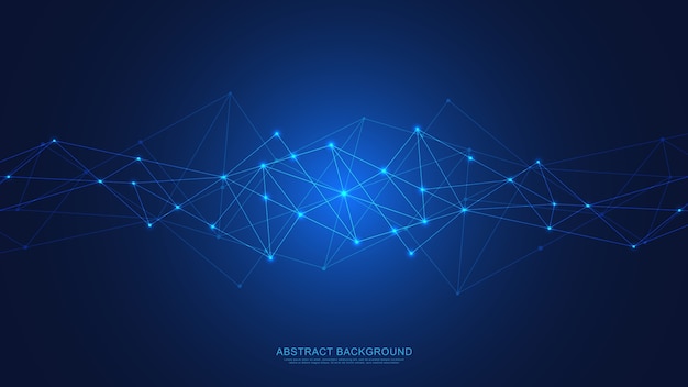 Fondo astratto di tecnologia con punti e linee di collegamento. Tecnologia digitale di connessione e comunicazione di rete globale.