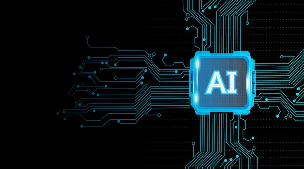 Fondo blu astratto della tecnologia AI con il circuito stampato e l'illustrazione techVector del cerchio