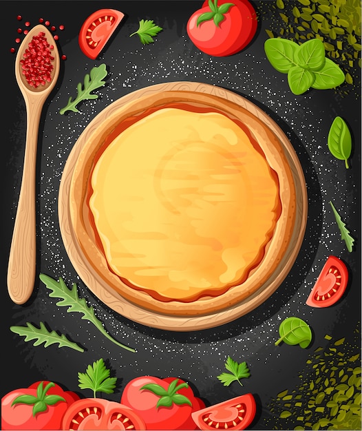 Fondo del fumetto della lavagna del menu della pizza con l'illustrazione degli ingredienti freschi Fondo dell'aletta di filatoio della pizzeria. Due bandiere orizzontali con testo di ingredienti su fondo in legno e lavagna.