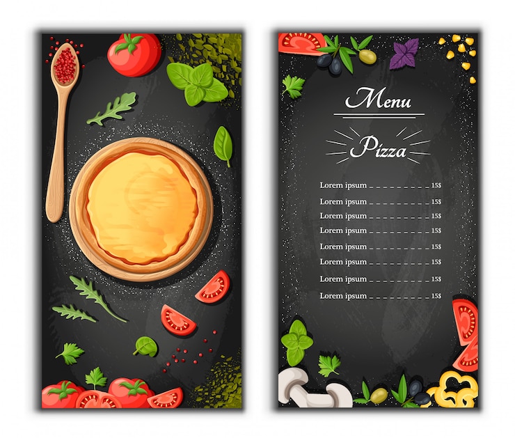 Vettore fondo del fumetto della lavagna del menu della pizza con l'illustrazione degli ingredienti freschi fondo dell'aletta di filatoio della pizzeria. due bandiere verticali con testo di ingredienti su fondo in legno e lavagna.