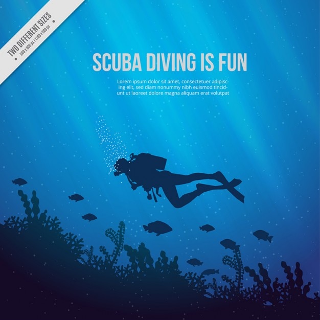 fondo del mare con scuba diver e alghe sfondo blu