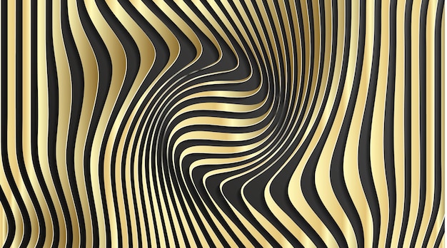 Fondo del modello della banda astratta dell'oro. Illusione ottica, linee contorte, fondo delle curve astratte. L'illusione della profondità e della prospettiva. Illustrazione vettoriale 3d astratta.