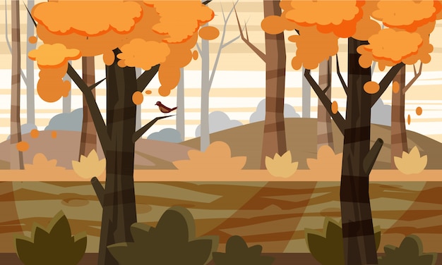 Fondo del paesaggio di autunno di stile del fumetto con gli alberi, natura, per il gioco, illustrazione di vettore