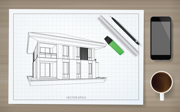 Fondo della carta da costruzione del modello con l'immagine della casa del wireframe. Idea grafica di costruzione astratta. Illustrazione vettoriale.