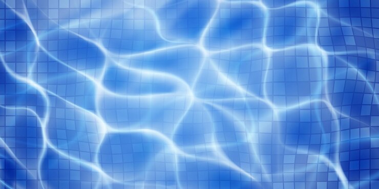 Vettore fondo della piscina con tessere di mosaico, riflessi solari e increspature caustiche. vista dall'alto della superficie dell'acqua. nei colori blu