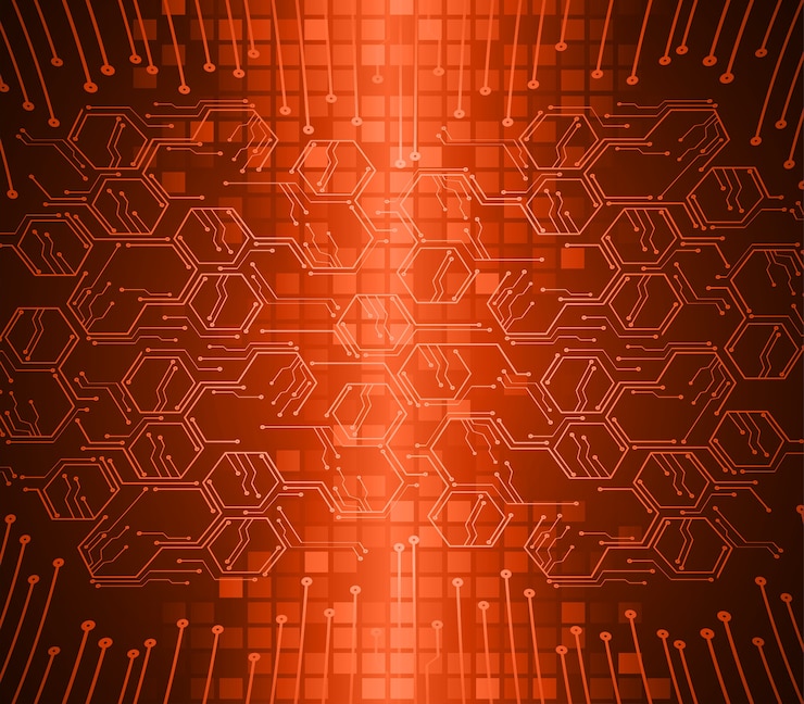 Vettore fondo di concetto di tecnologia futura del circuito cyber di esagono arancione