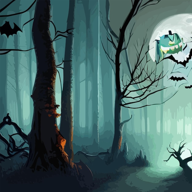 Fondo di Halloween della foresta scura con il vettore del modello viola viola di Halloween degli alberi dei pipistrelli