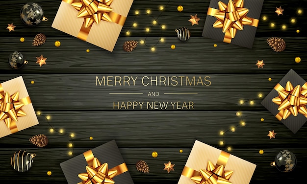 Fondo di legno nero con luci di Natale, palline, pigne, regali di festa con fiocco dorato e stelle lucenti. L'illustrazione può essere utilizzata per il design natalizio, poster, cartoline, siti Web e intestazioni.