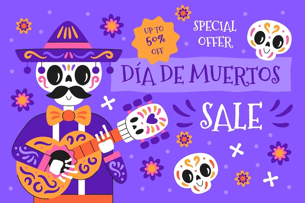 Fondo di vendita piatto dia de muertos disegnato a mano