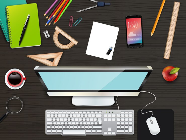 Vettore fondo di vista superiore dell'area di lavoro e dell'ufficio di affari