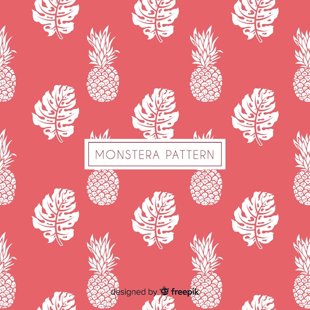 Fondo disegnato a mano delle foglie e degli ananas di monstera