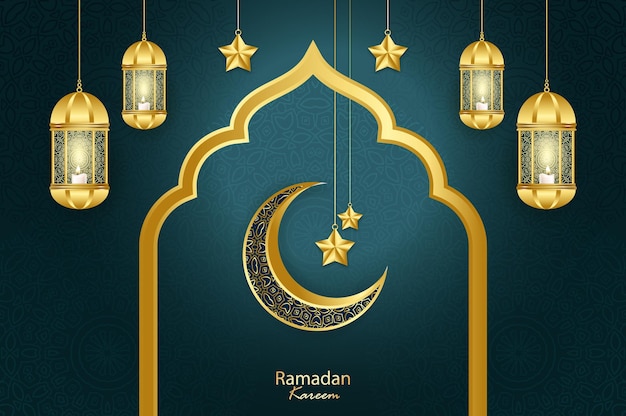 Fondo dorato arabo della bandiera di Ramadan kareem con la lanterna