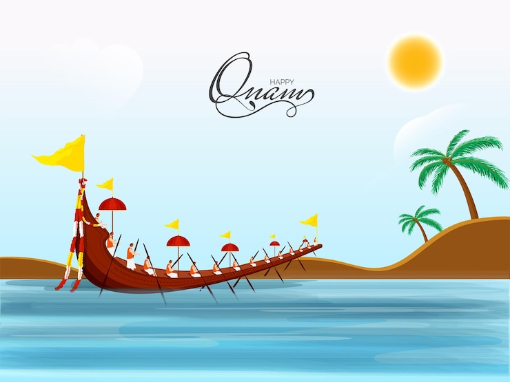 Vettore fondo felice di celebrazione di onam con la corsa della barca di aranmula sugli alberi di cocco del fiume e sul sole