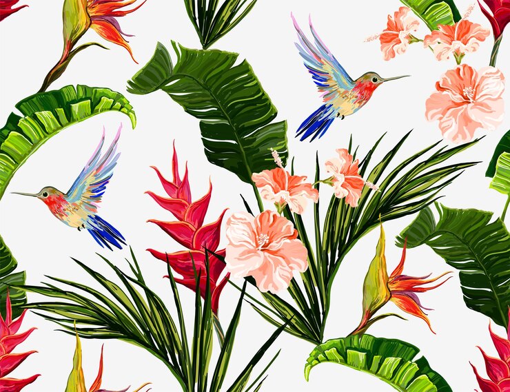 Vettore fondo floreale senza cuciture del modello di estate con l'heliconia dei colibrì delle foglie di palma tropicali