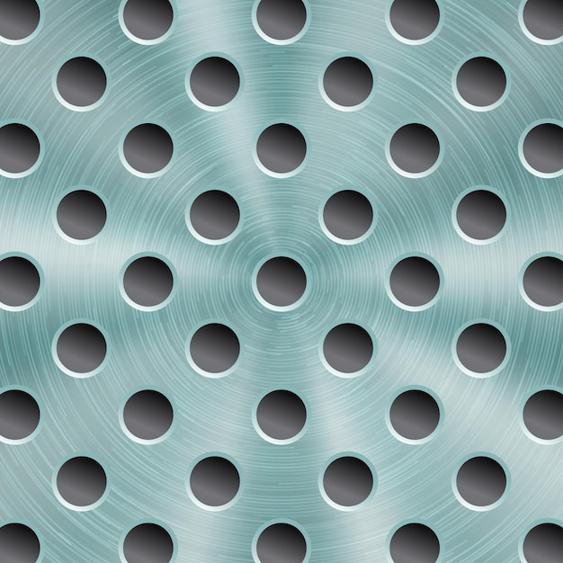 Fondo in metallo lucido astratto di colore azzurro con struttura circolare spazzolata e fori rotondi