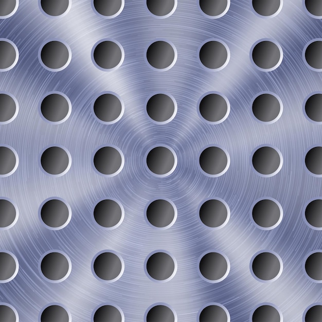 Fondo in metallo lucido astratto di colore blu con struttura circolare spazzolata e fori rotondi