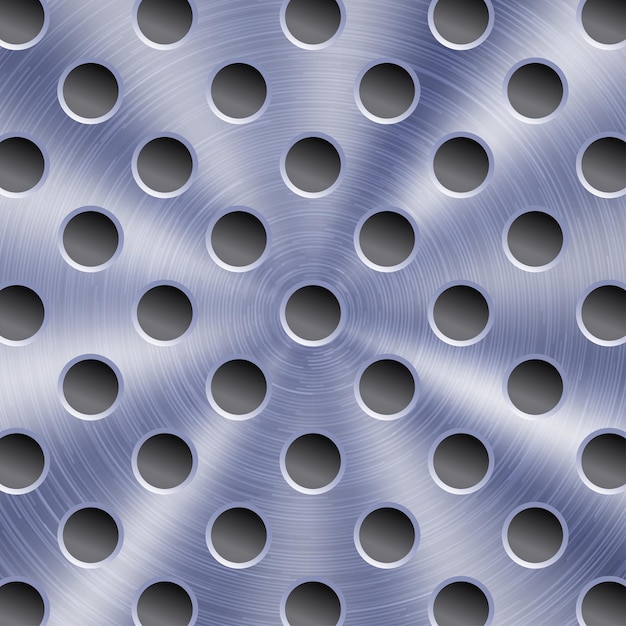 Fondo in metallo lucido astratto di colore blu con struttura circolare spazzolata e fori rotondi