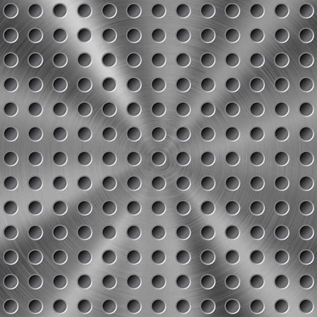 Fondo in metallo lucido astratto in colore argento con struttura circolare spazzolata e fori rotondi