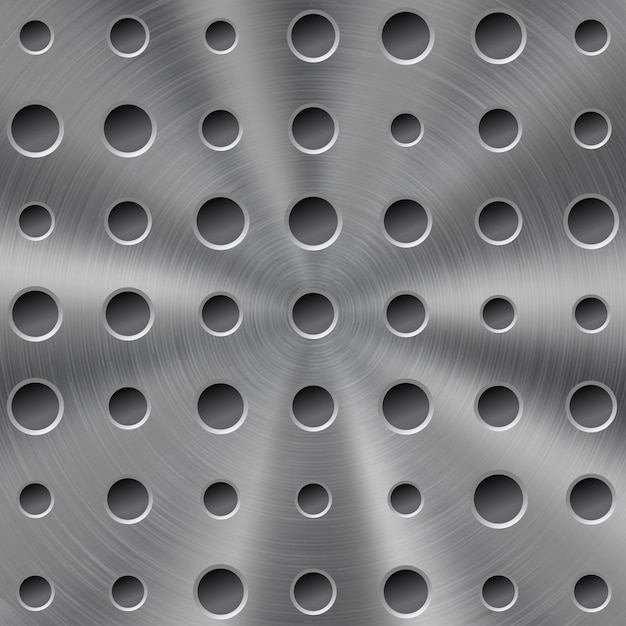 Fondo in metallo lucido astratto in colore argento con struttura circolare spazzolata e fori rotondi