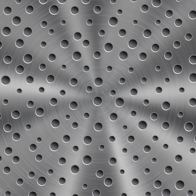 Fondo in metallo lucido astratto in colore argento con struttura circolare spazzolata e fori rotondi