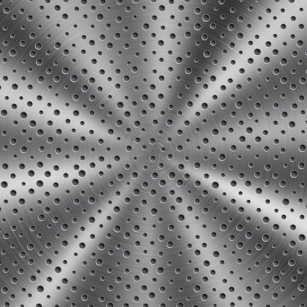 Fondo in metallo lucido astratto in colore argento con struttura circolare spazzolata e fori rotondi