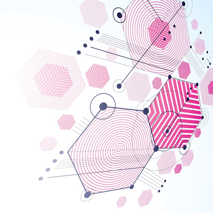 Vettore fondo magenta modulare bauhaus 3d vettoriale, creato da semplici figure geometriche come esagoni e linee. ideale per l'uso come poster pubblicitario o banner design.