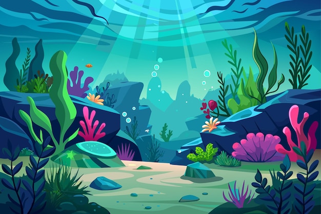 Fondo marino sottomarino Fondamento oceanico con alghe Scena marina vettoriale