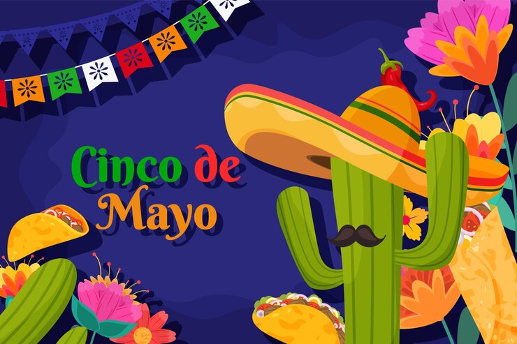 Vettore fondo piatto del festival messicano di cinco de mayo con l'elemento della particella