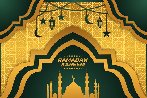 Fondo piatto della moschea verde sfumato oro ramadan kareem