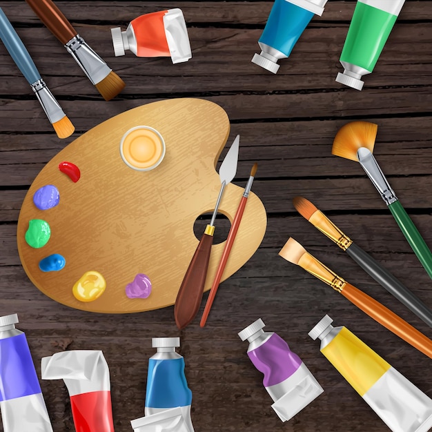 Fondo realistico degli strumenti del pittore con l'illustrazione creativa di vettore dei simboli dell'officina