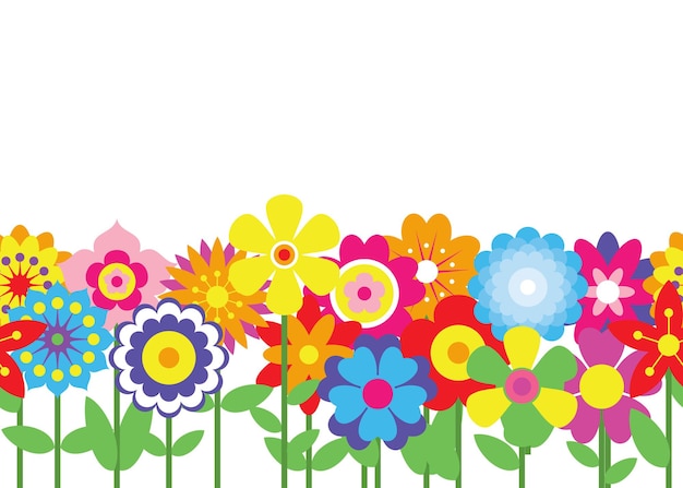Fondo senza cuciture del bordo dei fiori della primavera. Semplici icone floreali colorate in colori vivaci. Collezione di silhouette di fiori decorativi. Bandiera bianca orizzontale. Illustrazione vettoriale.