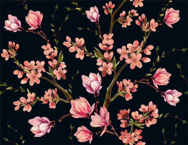 Fondo senza cuciture del modello floreale con la primavera dei fiori della magnolia dei fiori giapponesi tropicali disegnati a mano