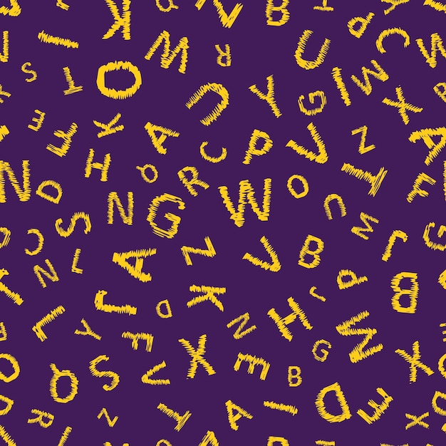 Fondo senza cuciture di alfabeto di Doodle. Modello vettoriale senza fine con lettere gialle su sfondo viola.