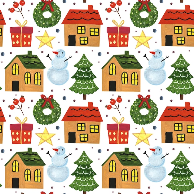 Fondo senza cuciture disegnato a mano di vacanza invernale Buon Natale e felice anno nuovo House snowm